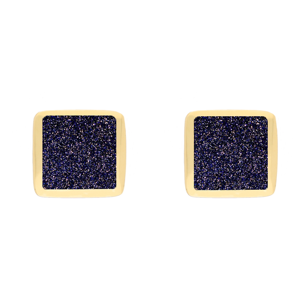 9ct Yellow Gold Sterling Silver Blue Goldstone Stepping Stones Square Stud Earrings E1295