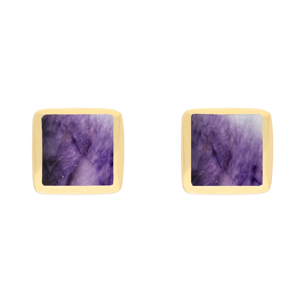 9ct Yellow Gold Sterling Silver Blue John Stepping Stones Square Stud Earrings E1295