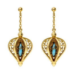 9ct Yellow Gold Turquoise Flore Filigree Drop Earrings E1781