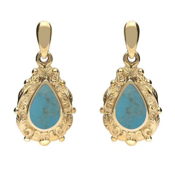 9ct Yellow Gold Turquoise Pear Shaped Leaf Drop Earrings, E083.