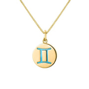 9ct Yellow Gold Turquoise Zodiac Gemini Round Necklace, P3609.