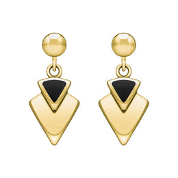 9ct Yellow Gold Whitby Jet Arrowhead Drop Earrings. E201.