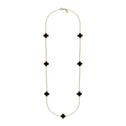 9ct Yellow Gold Whitby Jet Bloom Four Leaf Clover Long Necklace, N1129.