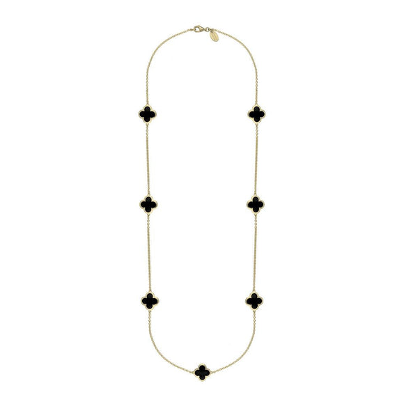 9ct Yellow Gold Whitby Jet Bloom Four Leaf Clover Long Necklace, N1129.