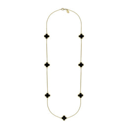 9ct Yellow Gold Whitby Jet Bloom Four Leaf Clover Long Necklace, N1129.