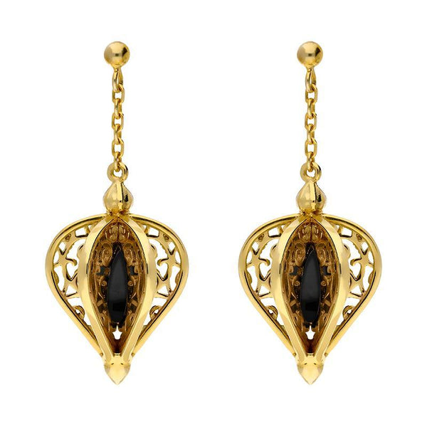 9ct Yellow Gold Whitby Jet Flore Filigree Drop Earrings E1781