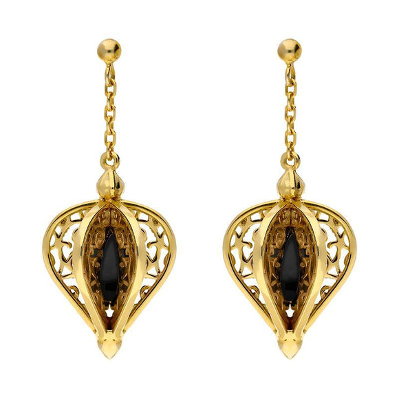 9ct Yellow Gold Whitby Jet Flore Filigree Drop Earrings E1781