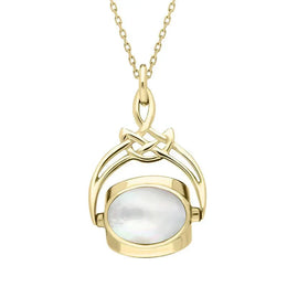 9ct Yellow Gold Whitby Jet Mother of Pearl Amber Cradle Round Swivel Fob Necklace P258_5