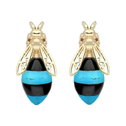  9ct Yellow Gold Whitby Jet Turquoise Bee Stud Earrings, E2424.