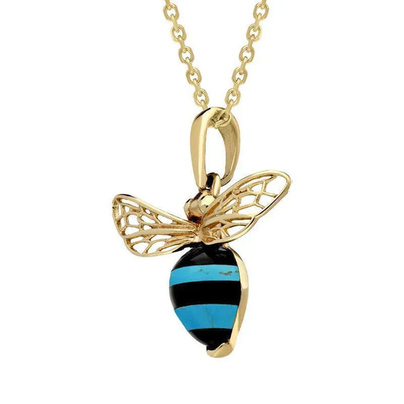  9ct Yellow Gold Whitby Jet Turquoise Winged Bee Necklace, P3341.