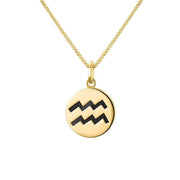 9ct Yellow Gold Whitby Jet Zodiac Aquarius Round Necklace, P3598.