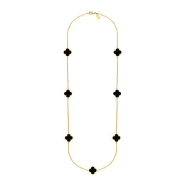 9ct Yellow Gold Whitby Jet Bloom Seven Stone Four Leaf Clover Chain Necklace, N1040.