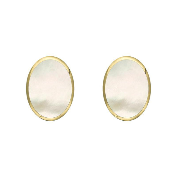 9ct Yellow Gold White Mother of Pearl 7 x 5mm Classic Small Oval Stud Earrings, E005.
