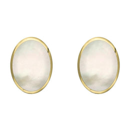 9ct Yellow Gold White Mother of Pearl 8 x 10mm Classic Large Oval Stud Earrings, E007.