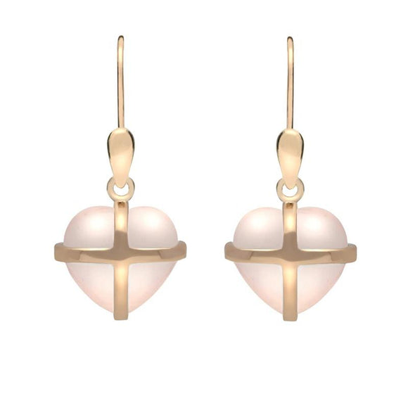 9ct Rose Gold Rose Quartz Small Cross Heart Drop Earrings E1287