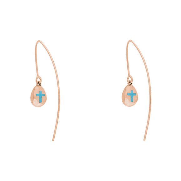 9ct Rose Gold Turquoise Cross Disc Drop Earrings, E1374.