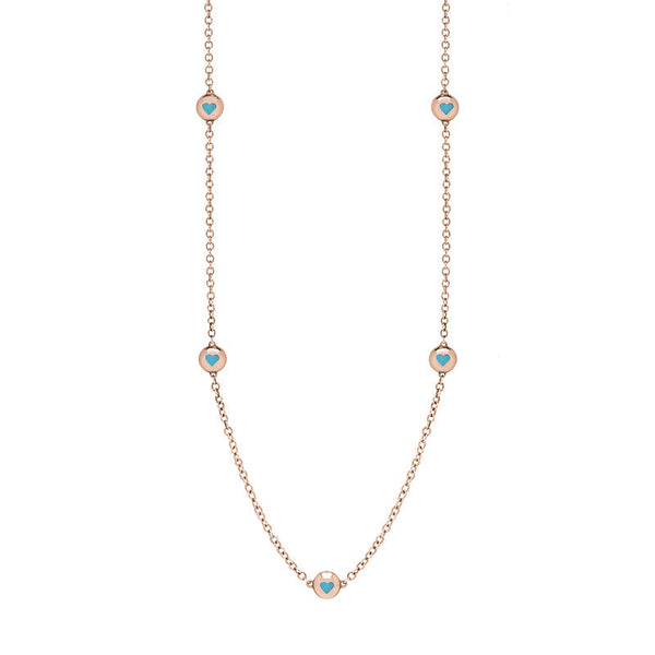 9ct Rose Gold Turquoise Heart Link Disc Chain Necklace, N746.