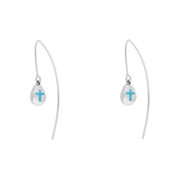 9ct White Gold Turquoise Cross Disc Drop Earrings, E1374.