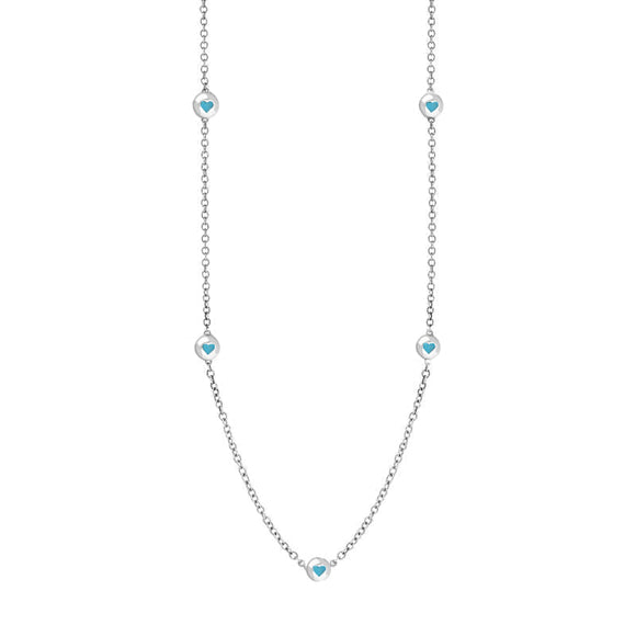 9ct White Gold Turquoise Heart Link Disc Chain Necklace, N746.