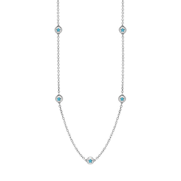 9ct White Gold Turquoise Star Link Disc Chain Necklace, N744.
