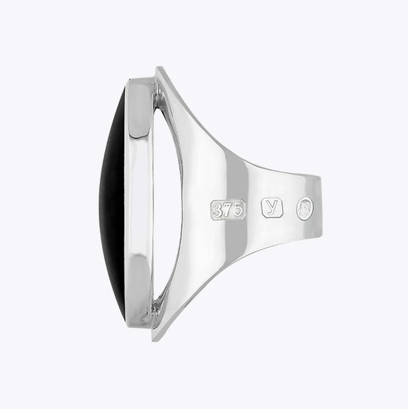 9ct White Gold Whitby Jet King's Coronation Hallmark Large Oval Ring R013 CFH