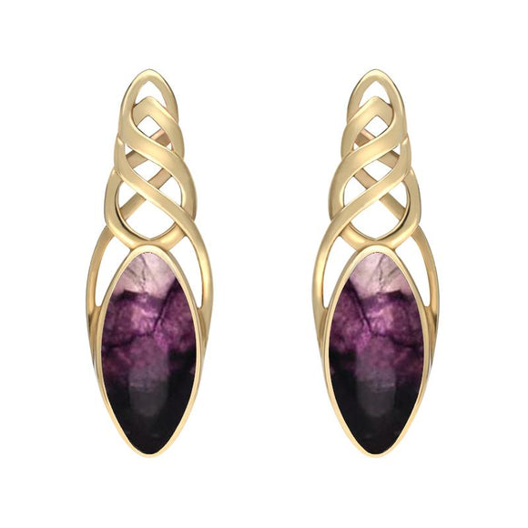 9ct Yellow Gold Blue John Celtic Long Marquise Stud Earrings. E994.