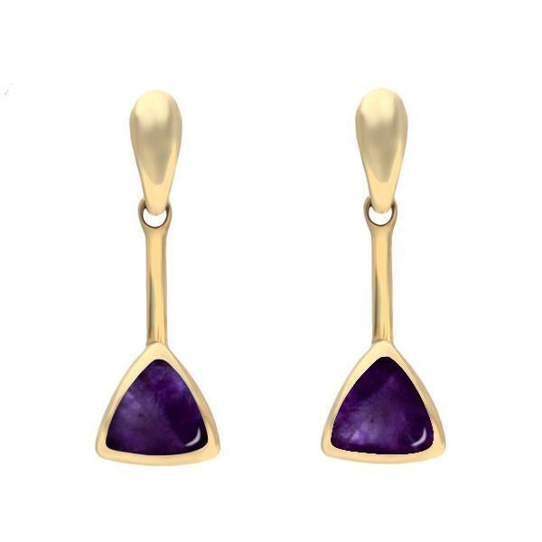 9ct Yellow Gold Blue John Curved Triangle Drop Earrings. E032.