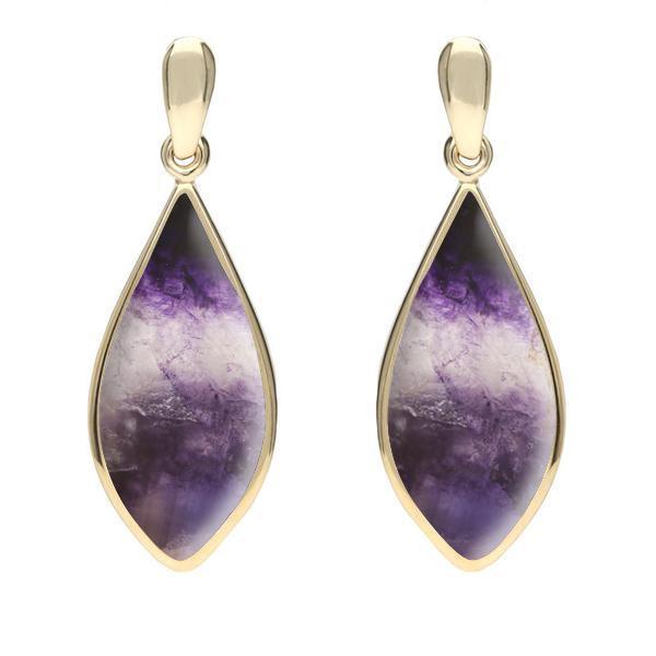 9ct Yellow Gold Blue John Pointed Pear Drop Earrings. E218.