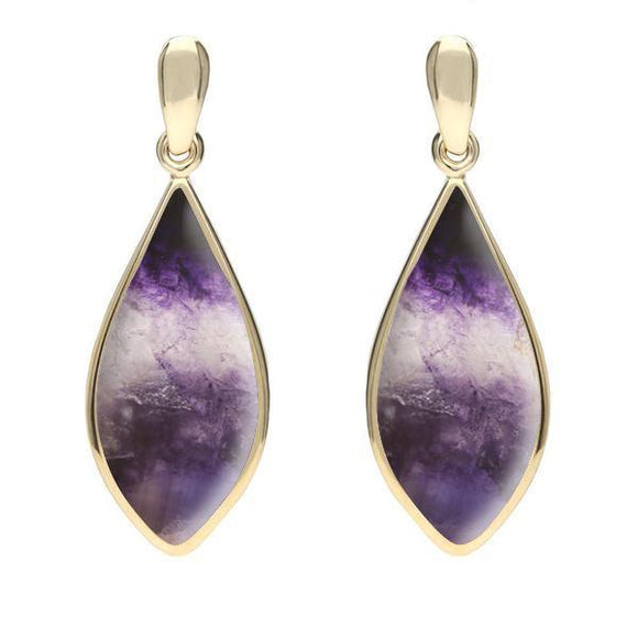 9ct Yellow Gold Blue John Pointed Pear Drop Earrings. E218.