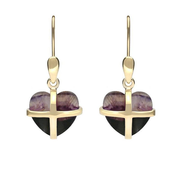 9ct Yellow Gold Blue John Small Cross Heart Drop Earrings E1287