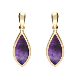 9ct Yellow Gold Blue John Small Pointed Pear Drop Earrings. E686.