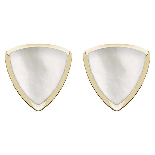 9ct Yellow Gold Mother of Pearl Curved Triangle Stud Earrings. E203.