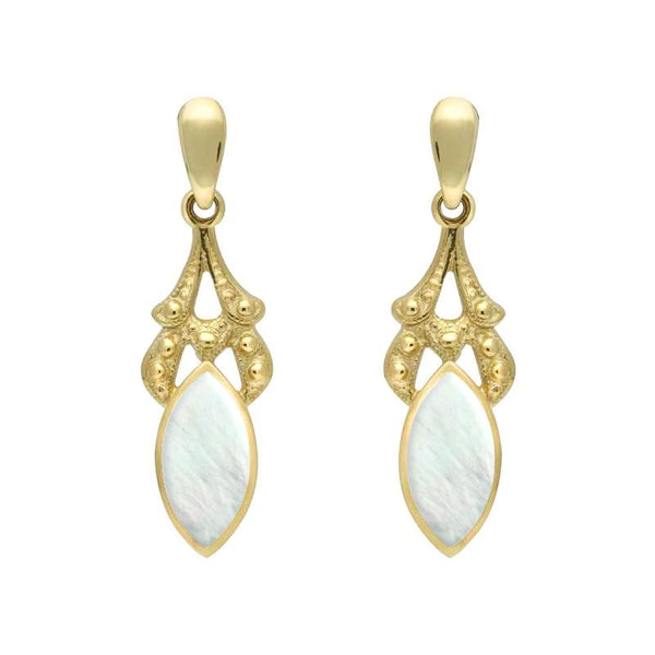 9ct Yellow Gold Mother of Pearl Marquise Drop Earrings. E075.