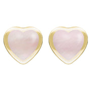 9ct Yellow Gold Pink Mother Of Pearl Large Framed Heart Stud Earrings. E433.