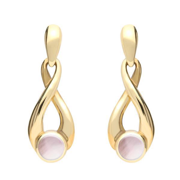 9ct Yellow Gold Pink Mother of Pearl Eternity Loop Drop Earrings. E074. 