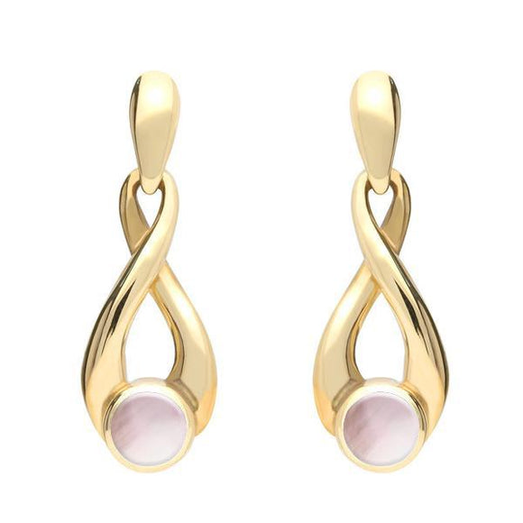 9ct Yellow Gold Pink Mother of Pearl Eternity Loop Drop Earrings. E074. 