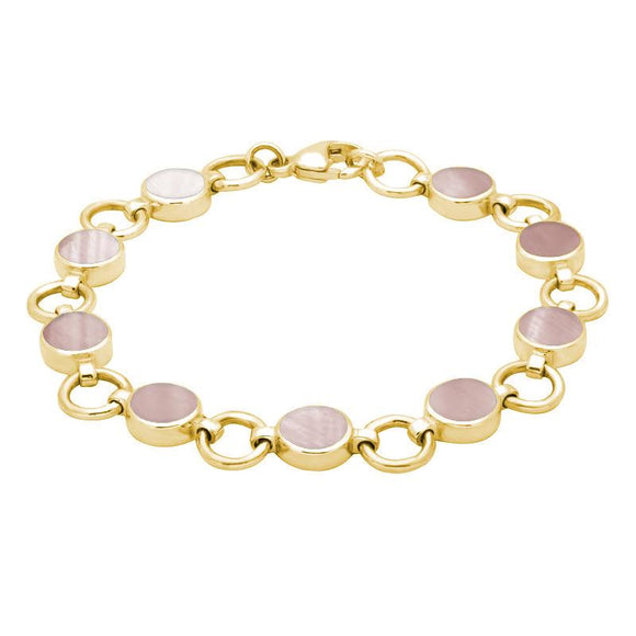 9ct Yellow Gold Pink Mother of Pearl Nine Stone Round Ring Bracelet. B537.