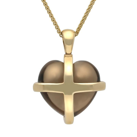 9ct Yellow Gold Smokey Quartz Medium Cross Heart Necklace. p1672.