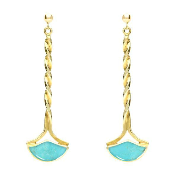 9ct Yellow Gold Turquoise Drop Twist Fan Stud Earrings. E122.