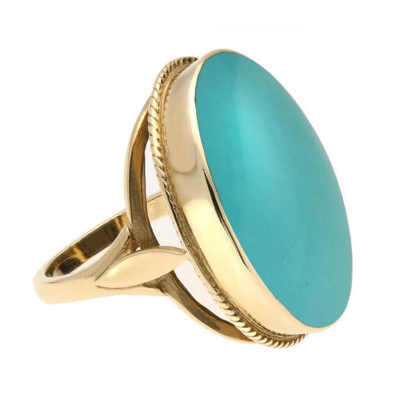 9ct Yellow Gold Turquoise Large Rope Edged Ring. R066
