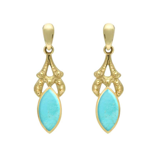 9ct Yellow Gold Turquoise Marquise Drop Earrings. E075.