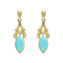 9ct Yellow Gold Turquoise Marquise Drop Earrings. E075.