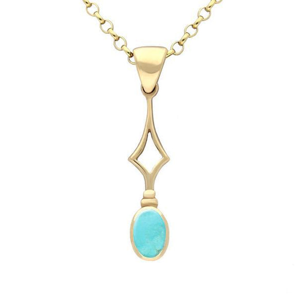 9ct Yellow Gold Turquoise Oval Drop Necklace. P166.