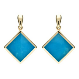 9ct Yellow Gold Turquoise Rhombus Drop Earrings. E078.