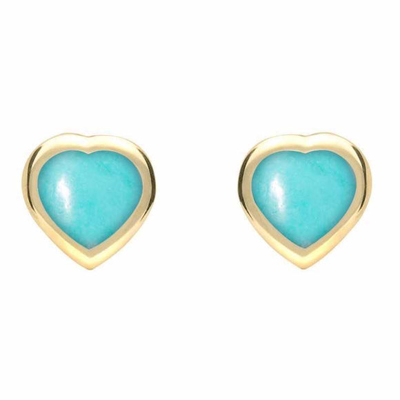 9ct Yellow Gold Turquoise Small Framed Heart Stud Earrings. E763.