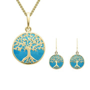9ct Yellow Gold Turquoise Small Round Tree of Life Two Piece Set