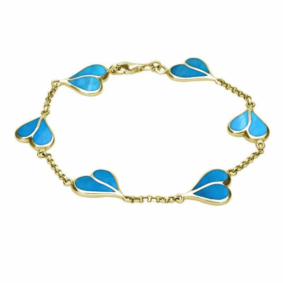 9ct Yellow Gold Turquoise Split Heart Bracelet. B360.