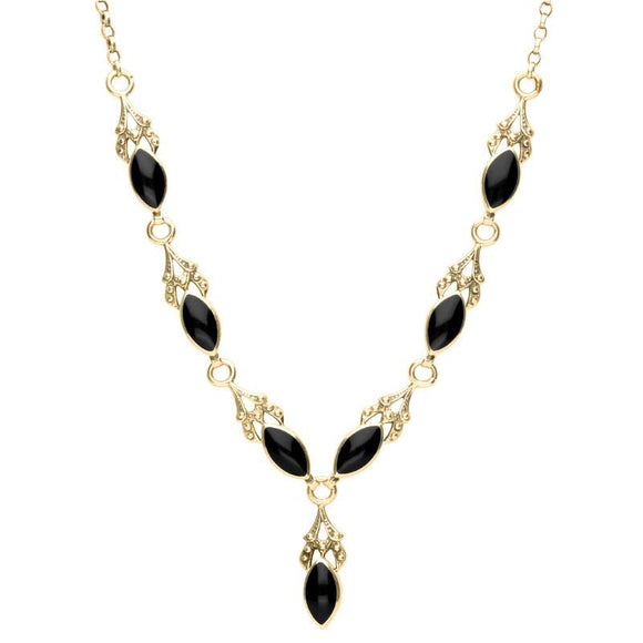 9ct Yellow Gold Whitby Jet Seven Stone Marquise Necklace. N159.