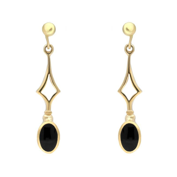 9ct Yellow Gold Whitby Jet Diamond Shape Oval Drop Earrings. E143.