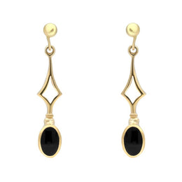 9ct Yellow Gold Whitby Jet Diamond Shape Oval Drop Earrings. E143.